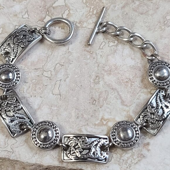 Sterling Silver panel link vintage bracelet Crown JS - Picture 2 of 4